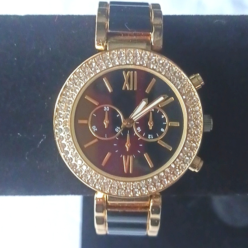 ACCUTIME Bling Cuff Watch Black & Gold With Rhinestones